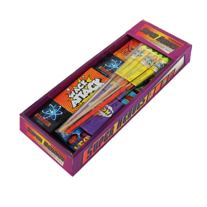 Super Heroes Selection Box - 23 fireworks-Selection Boxes-Atomic Fireworks Bradford